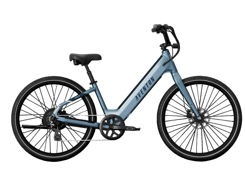 Aventon Pace 4 step-through cruiser e-bike in blue steel