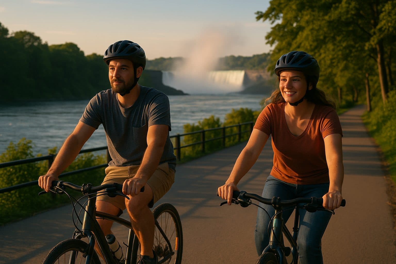 Two cyclists riding the riverside trail near Niagara Falls at golden hour