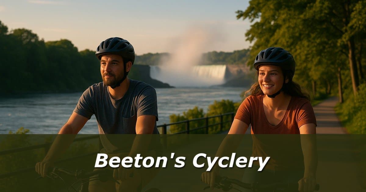 Cyclists riding beside Niagara Falls near Beeton's Cyclery