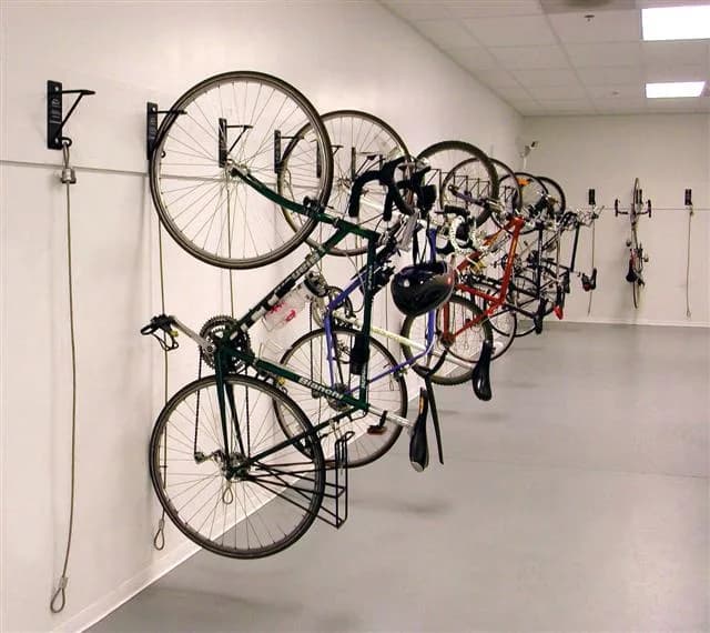 Bicycles stored on indoor racks